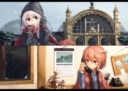 Rule 34 | 10s, 2girls, ahoge, alternate costume, antique phone, architecture, beize (garbage), blonde hair, blush, bulletin board, buttons, calendar (object), cellphone, clock, clothes grab, coat, dial, food, gloves, hair between eyes, hair ornament, hanten (clothes), i-58 (kancolle), jacket, kagami mochi, kantai collection, letterboxed, long hair, mochi, multiple girls, ocean, phone, pink hair, postcard, red scarf, rotary phone, scarf, scissors, ship, short hair, smartphone, smile, snowing, stationery, track jacket, train station, tree, u-511 (kancolle), wagashi, water, watercraft, zipper