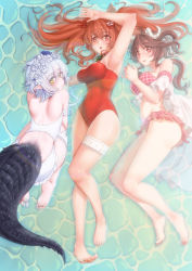 Rule 34 | 3girls, angelina (arknights), angelina (summer flower) (arknights), animal ears, arknights, arm up, armpits, ass, bare arms, bare back, bare legs, bare shoulders, barefoot, bikini, bikini skirt, breasts, brown eyes, brown hair, commentary request, covered navel, crocodilian tail, dorsiflexion, eyjafjalla (arknights), eyjafjalla (summer flower) (arknights), female focus, flower, fox ears, hair flower, hair ornament, highres, horns, large breasts, large tail, multiple girls, off-shoulder bikini, off shoulder, official alternate costume, one-piece swimsuit, parted lips, pink bikini, pink eyes, pointy ears, red one-piece swimsuit, sheep horns, silver hair, swimsuit, swimsuit cover-up, tail, thigh strap, thighs, tomimi (arknights), tomimi (silent night) (arknights), twintails, water, white flower, yamauchi (conan-comy), yellow eyes