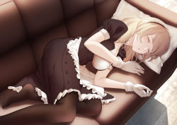 Rule 34 | 1girl, black dress, black pantyhose, blonde hair, breasts, cartonbox (zhixiang zhi), closed eyes, couch, dress, gloves, hairband, long hair, lying, maid, maid headdress, medium breasts, no shoes, on couch, on side, pantyhose, pillow, renown (warship girls r), simple background, soles, solo, warship girls r, white gloves