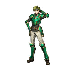 Rule 34 | 1boy, absurdres, arm behind head, arm up, armor, boots, closed mouth, commentary request, elbow pads, fire emblem, fire emblem: the blazing blade, fire emblem heroes, full body, gauntlets, gold trim, green armor, green eyes, green hair, hand on own hip, headband, highres, knee boots, long sleeves, looking at viewer, maco (wondermind), male focus, nintendo, official art, pants, sain (fire emblem), short hair, shoulder armor, simple background, smile, standing, turtleneck, white background