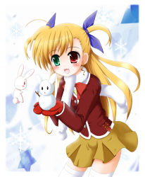 Rule 34 | 10s, 1girl, :d, bad id, bad pixiv id, blonde hair, blush, bow, flipper, green eyes, hair ribbon, heterochromia, long hair, lyrical nanoha, mahou shoujo lyrical nanoha vivid, md5 mismatch, mittens, open mouth, rabbit, red eyes, red mittens, resolution mismatch, ribbon, sacred heart, scarf, skirt, smile, snowflakes, snowman, solo, source larger, thighhighs, two side up, vivio