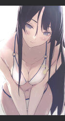 1girl absurdres aotsuki_kaoru bikini black_hair blue_eyes blush breasts breasts_squeezed_together cleavage closed_mouth collarbone cowboy_shot highres leaning_forward letterboxed long_hair looking_at_viewer navel sakurajima_mai seishun_buta_yarou small_breasts solo string_bikini swimsuit white_bikini