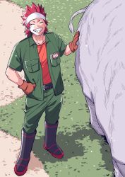 Rule 34 | 1boy, ^ ^, belt, boku no hero academia, boots, breast pocket, clenched hand, closed eyes, contrapposto, facing viewer, from above, full body, gloves, grass, green pants, green shirt, grin, hand on animal, hand on own hip, headband, highres, kirishima eijirou, male focus, open clothes, open shirt, pants, pants tucked in, pocket, red eyes, red hair, red shirt, rhinoceros, rubber boots, sato unta, sharp teeth, shirt, short hair, short sleeves, smile, solo, spiked hair, teeth, v-shaped eyebrows, yuei school logo, zookeeper