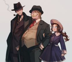 Rule 34 | 1girl, 2boys, absurdres, alternate costume, black hair, blonde hair, blue dress, blue eyes, closed eyes, closed mouth, collared shirt, commentary request, detective, dress, facial hair, fate/grand order, fate (series), fedora, feet out of frame, formal, gloves, goredolf musik, green eyes, grey background, hat, highres, ichi bee, jacket, leonardo da vinci (fate), leonardo da vinci (fate/grand order), leonardo da vinci (rider) (fate), long hair, long sleeves, looking at another, multiple boys, mustache, necktie, open mouth, red necktie, sherlock holmes (fate), shirt, short hair, simple background, smile, smoke, smoking, smoking pipe, striped necktie, suit, undefined, white hair