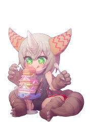 Rule 34 | 1girl, absurdres, cake, claws, commission, feral lemma, food, gomora, green eyes, grey hair, highres, horns, ice cream, japanese castle, licking lips, old school swimsuit, pixiv commission, pocky, school swimsuit, shiny skin, sitting, solo, sparkling eyes, spoon, swimsuit, tail, tongue, tongue out, ultra kaijuu gijinka keikaku, ultra series, ultraman (1st series)