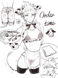 Rule 34 | ..., 2boys, ahoge, alternate costume, animal ears, animal print, apron, ball gag, bikini, blush, closed mouth, commentary, commentary request, cow ears, cow print, cow tail, crossdressing, danganronpa (series), danganronpa 2: goodbye despair, english text, enmaided, fake animal ears, fake tail, gag, unworn gag, gloves, greyscale, highres, hinata hajime, holding, holding tray, komaeda nagito, looking at viewer, maid, male focus, monochrome, multiple boys, notebook, pen, sex toy, short hair, spanked, spoken ellipsis, spoken squiggle, squiggle, sweat, swimsuit, symbol-only commentary, tail, thighhighs, tray, trembling, waist apron, whip, zhileng kong tiao