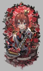 Rule 34 | 1boy, black gloves, blush, crown, flower, food, fruit, gloves, grey eyes, hair between eyes, holding, leaf, long sleeves, looking at viewer, plate, red flower, red hair, red rose, riddle rosehearts, rose, shirosaki london, short hair, smile, solo, strawberry, thorns, twisted wonderland, upper body