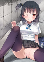 Rule 34 | 1girl, absurdres, bar censor, black footwear, black hair, black skirt, blue ribbon, blush, breasts, censored, clothes lift, collared shirt, commentary request, dress shirt, hand up, highres, knee up, looking at viewer, medium breasts, miniskirt, natsushima memo, neck ribbon, no panties, on ground, one eye closed, one side up, original, outdoors, pleated skirt, purple thighhighs, pussy, red eyes, ribbon, shirt, shirt tucked in, short hair, short sleeves, sitting, skirt, skirt lift, solo, spread legs, thighhighs