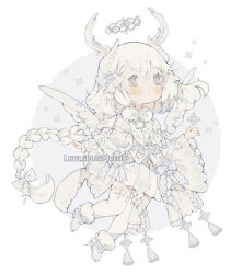 Rule 34 | 1boy, antlers, artist name, blue bow, blush stickers, boots, bow, braid, chibi, circle, colored eyelashes, commentary, commission, cross, cross-laced clothes, cross-laced top, detached sleeves, english commentary, footwear bow, fringe trim, fur-trimmed boots, fur scarf, fur trim, hair bow, hair ornament, halo, high heel boots, high heels, highres, horns, littlebluemuffin, long hair, long sleeves, looking at viewer, male focus, miniskirt, original, outstretched hand, parted lips, scarf, shirt, short sleeves, single braid, skirt, sleeveless, sleeveless shirt, snowflake hair ornament, snowflake print, snowing, solo, tail, thighhighs, trap, waist bow, watermark, white background, white bow, white eyes, white footwear, white hair, white halo, white scarf, white shirt, white thighhighs, wide sleeves