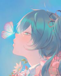 Rule 34 | 1girl, aqua necktie, artist name, blue background, blue eyes, blue hair, bug, butterfly, butterfly on nose, close-up, colorful, eyelashes, eyes visible through hair, flower, gradient butterfly, hair flower, hair ornament, half-closed eyes, hatsune miku, high collar, highres, insect, leaf, light blush, lips, long eyelashes, long hair, necktie, parted lips, pastel colors, pink flower, portrait, profile, simple background, solo, straight hair, upper body, vocaloid, wangza, white flower