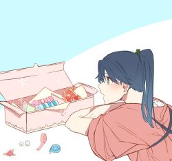 Rule 34 | 10s, 1girl, artificial flower, asakawa (outeq), beads, blue hair, blush, box, hair ribbon, head rest, houshou (kancolle), japanese clothes, kantai collection, kimono, long hair, paper, ponytail, ribbon, short sleeves, simple background, solo, sparkle, tasuki, two-tone background, upper body