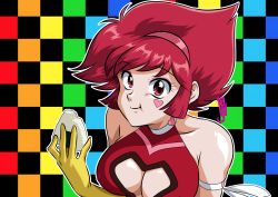 Rule 34 | 1girl, 2000s (style), armband, armpits, artist name, breasts, choker, cleavage, cleavage cutout, clothing cutout, covered erect nipples, cutie honey, cutie honey (character), eating, food, gloves, hair ornament, heart, heart choker, heart cutout, heart tattoo, highres, kurumi-lover, large breasts, looking at viewer, medium breasts, nagai gou, nipples, covered erect nipples, onigiri, re: cutie honey, red eyes, red hair, shiny skin, short hair, smile, solo, tattoo, tomboy