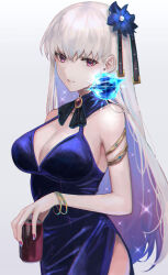 Rule 34 | 1girl, armlet, blue dress, bracelet, breasts, can, cleavage, dress, fate/grand order, fate (series), flower, grey hair, hair flower, hair ornament, highres, holding, holding can, jewelry, kama (fate), large breasts, long hair, nail polish, pink eyes, starry hair, tte (t ombi)