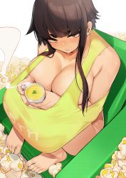 Rule 34 | 1girl, absurdres, barefoot, blunt bangs, breasts, brown eyes, brown hair, cleavage, collarbone, commentary request, cup, highres, holding, holding cup, jovejun, large breasts, long hair, looking at viewer, naked shirt, original, shirt, simple background, sitting, sleeveless, solo, steam, tea, thick eyebrows, toes, tsubomioka happa, white background, yellow shirt