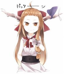 Rule 34 | 1girl, ahoge, bare shoulders, blunt bangs, bow, brown eyes, brown hair, closed mouth, cowboy shot, cropped legs, hair bow, horn ornament, horn ribbon, horns, ibuki suika, light blush, long hair, looking at viewer, o (crazyoton46), oni horns, purple ribbon, red bow, red ribbon, ribbon, shirt, short bangs, sidelocks, simple background, sleeveless, sleeveless shirt, smile, solo, touhou, very long hair, white background, white shirt, wrist cuffs