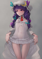 Rule 34 | 1girl, breasts, clitoral hood, clothes lift, colored eyelashes, covered erect nipples, crescent, dress, dress lift, hat, highres, lifting own clothes, long hair, musen-shiki sanhankikan, no bra, no panties, patchouli knowledge, purple eyes, purple hair, pussy, pussy peek, see-through, small breasts, solo, touhou, uncensored
