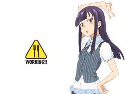 Rule 34 | 1girl, arm up, artist request, blue eyes, blunt bangs, bow, bowtie, dress shirt, frills, hand on own hip, hip focus, logo, long hair, looking at viewer, official art, purple hair, shirt, short sleeves, simple background, solo, standing, tsurime, v, vest, white background, working!!, yamada aoi