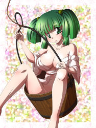 Rule 34 | 1girl, alternate breast size, bare legs, bare shoulders, barefoot, breasts, bucket, chamupei, cleavage, collarbone, green eyes, green hair, hair bobbles, hair ornament, highres, in bucket, in container, japanese clothes, kimono, kisume, large breasts, looking at viewer, matching hair/eyes, no bra, off shoulder, aged up, open clothes, open kimono, sitting, solo, touhou, twintails, undersized clothes, yukata