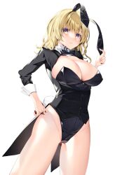 Rule 34 | 1girl, alternate costume, animal ears, bare legs, black leotard, bow, bowtie, breasts, cleavage, coattails, detached collar, fake animal ears, from below, gluteal fold, hand on own hip, highres, kaede (mmkeyy), large breasts, leotard, long hair, looking at viewer, maribel hearn, no headwear, playboy bunny, rabbit ears, rabbit tail, simple background, solo, tail, touhou, v-shaped eyebrows, white background, wrist cuffs