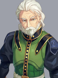 Rule 34 | 1boy, asada hachi, beard, belt, clothing request, commentary request, dan blackmore, expressionless, facial hair, fate/extra, fate (series), green eyes, grey background, looking at viewer, male focus, medium hair, mustache, old, old man, simple background, solo, twitter username, upper body, watermark, white hair