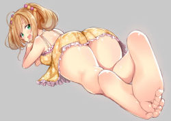Rule 34 | 10s, 1girl, ahoge, ass, bare shoulders, barefoot, blonde hair, blush, dress, feet, feet together, finger to mouth, from behind, full body, green eyes, idolmaster, idolmaster cinderella girls, jewelry, looking back, lying, on stomach, open mouth, pinky out, ring, saki chisuzu, sato shin, simple background, smile, soles, solo, toes, twintails