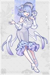Rule 34 | 1girl, blue eyes, blue hair, bonnet, bow, bowtie, chin strap, creature, creature on shoulder, dragon girl, dress, elira pendora, flower, frilled dress, frills, full body, hair over one eye, hand on own chest, head wings, highres, long sleeves, looking at viewer, low wings, nijisanji, nijisanji en, on shoulder, open mouth, pikl (elira pendora), plus sign, puffy long sleeves, puffy sleeves, purple flower, purple rose, rose, shoes, short hair, slit pupils, solo, virtual youtuber, waka (wk4444), white bow, white bowtie, white dress, white footwear, wings