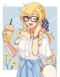 Rule 34 | 1girl, ;d, absurdres, bag, bare shoulders, bespectacled, black-framed eyewear, blonde hair, blue background, blue bow, blue eyes, blue nails, blue ribbon, blue skirt, blush, border, bow, braid, breasts, collarbone, cup, dated, disposable cup, dot nose, drinking straw, earrings, flower, flower earrings, flower necklace, food, frilled shirt, frills, glasses, grk 11601, hair ribbon, hands up, heart, highres, holding, holding cup, ice cream, idolmaster, idolmaster cinderella girls, idolmaster cinderella girls starlight stage, jewelry, large breasts, long hair, looking at viewer, multicolored nails, multiple bracelets, necklace, ohtsuki yui, one eye closed, open mouth, outside border, plaid, plaid ribbon, ponytail, ribbon, ring, shirt, short sleeves, shoulder bag, signature, skirt, smile, solo, teeth, two-tone background, upper teeth only, waist bow, wavy hair, white background, white border, white shirt, wide sleeves, yellow flower, yellow nails