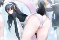Rule 34 | 4girls, ass, bent over, bird tail, black hair, brown eyes, from behind, gentoo penguin (kemono friends), hair between eyes, hands on own knees, headphones, highres, jacket, kemono friends, long hair, long sleeves, looking at viewer, looking back, microskirt, multicolored hair, multiple girls, nelly (altsarespicy), outstretched arms, panties, parted lips, penguin tail, penguins performance project (kemono friends), red hair, rockhopper penguin (kemono friends), skirt, solo focus, tail, tail through clothes, two-tone hair, underwear, white panties, white skirt