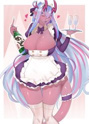Rule 34 | 1girl, absurdres, alternate costume, apron, border, bottle, breasts, cleavage, commentary request, crossed bangs, cup, dark-skinned female, dark skin, dress, enmaided, fate/grand order, fate (series), hair between eyes, highres, holding, holding bottle, holding plate, ibuki douji (fate), juliet sleeves, large breasts, long hair, long sleeves, maid, monster girl, nail polish, plate, pointy ears, psyche oreca, puffy sleeves, solo, tail, thighhighs, very long hair, white border
