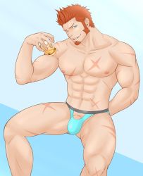 Rule 34 | 1boy, abs, alcohol, arm behind back, bara, beard, blue eyes, blue male swimwear, blue swim briefs, brown hair, bulge, drink, facial hair, fate/grand order, fate (series), ice, ice cube, large pectorals, long sideburns, looking at viewer, male focus, male swimwear, muscular, napoleon bonaparte (fate), nipples, one eye closed, pectorals, porkjinta, scar, sideburns, simple background, smile, solo, swim briefs, swimsuit, topless male, underwear, underwear only, upper body, whiskey