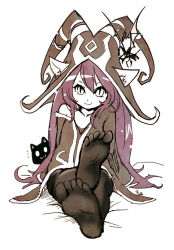 Rule 34 | 1girl, aa2233a, bed, cat, colored skin, crossed legs, feet, foot focus, foreshortening, hat, league of legends, looking at viewer, lulu (league of legends), monochrome, pantyhose, pix (league of legends), pointy ears, purple skin, red hair, sepia, sitting, soles, solo, yellow eyes