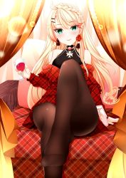 Rule 34 | 1girl, azur lane, black hair, blonde hair, blush, braid, checkered clothes, checkered dress, coach, cup, dress, drinking glass, earrings, feet, flower earrings, green eyes, hair ornament, highres, howe (azur lane), howe (noble rouge) (azur lane), jewelry, long hair, looking at viewer, necklace, no shoes, official alternate costume, origami aya, pantyhose, solo, wine glass