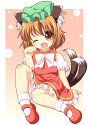 Rule 34 | 1girl, animal ears, bloomers, bow, brown eyes, brown hair, cat ears, cat tail, chen, ear piercing, earrings, fang, hat, jewelry, looking at viewer, mob cap, multiple tails, nekomata, one eye closed, open mouth, paw pose, piercing, pila-pela, puffy short sleeves, puffy sleeves, shirt, short sleeves, single earring, sitting, skirt, skirt set, smile, solo, tail, touhou, underwear, vest, wink
