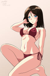 Rule 34 | 1girl, arm behind back, artist name, barefoot, beige background, bikini, black hair, blue eyes, blush, breasts, closed mouth, commentary, covered erect nipples, dated, girls und panzer, hand in own hair, large breasts, long hair, looking at viewer, matsui yasutsugu, navel, nonna (girls und panzer), one-hour drawing challenge, on one knee, red bikini, side-tie bikini bottom, signature, simple background, skindentation, smile, solo, string bikini, swept bangs, swimsuit