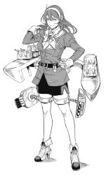 Rule 34 | 10s, ashigara (kancolle), ashigara kai ni (kancolle), commentary request, gloves, greyscale, hairband, hand in own hair, hand on own hip, high heels, hiro (chumo), jacket, kantai collection, long hair, looking at viewer, miniskirt, monochrome, neckerchief, pantyhose, rigging, skirt, smile, solo, turret