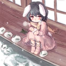 Rule 34 | 1girl, animal ears, black hair, blush, breath, dress, furorida, inaba tewi, mittens, pink dress, rabbit ears, rabbit tail, red eyes, runny nose, scarf, sitting, snot, snow, snow rabbit, snowball, socks, tail, touhou
