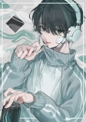 Rule 34 | 1boy, :p, absurdres, bandage on face, bandages, black hair, can, commentary, green eyes, green track suit, hair over eyes, hand up, headphones, high collar, highres, holding, holding can, jacket, long bangs, long sleeves, looking at viewer, male focus, mask, mouth mask, original, piercing, short hair, sleeves past wrists, solo, symbol-only commentary, tongue, tongue out, tongue piercing, track jacket, track suit, upper body, white background, white xxxx