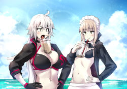 Rule 34 | 2girls, :d, apron, artoria pendragon (alter swimsuit rider) (fate), artoria pendragon (alter swimsuit rider) (second ascension) (fate), artoria pendragon (fate), bikini, black bikini, black gloves, blonde hair, blue sky, blush, breasts, bubble tea challenge, cleavage, cloud, commentary, drinking straw, fate/grand order, fate (series), gloves, hand on own hip, hands on own hips, huge breasts, jacket, jeanne d&#039;arc alter (swimsuit berserker) (fate), jeanne d&#039;arc (fate), jeanne d&#039;arc alter (fate), jeanne d&#039;arc alter (swimsuit berserker) (fate), keigen hichou, large breasts, long hair, maid headdress, multiple girls, navel, ocean, open mouth, outdoors, pale skin, platinum blonde hair, pout, sky, small breasts, smile, swimsuit, yellow eyes