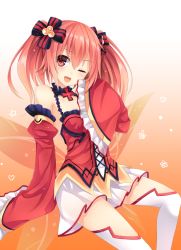 Rule 34 | 1girl, ;d, alyn (fairy fencer f), arm support, bare shoulders, blush, breasts, choker, collarbone, cross, detached sleeves, dress, fairy fencer f, fairy wings, gradient background, hair ribbon, kaguyuu, leaning back, lolita fashion, long sleeves, one eye closed, open mouth, red dress, red eyes, red hair, red skirt, ribbon, sitting, skirt, sleeves past wrists, smile, solo, thighhighs, twintails, white thighhighs, wings, wink