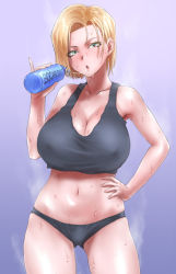 Rule 34 | 1girl, android 18, bare shoulders, black panties, blonde hair, blue background, blue eyes, bottle, brand name imitation, breasts, cleavage, dragon ball, dragonball z, gradient background, hand on own hip, huge breasts, mature female, navel, panties, pocari sweat, saliva, saliva trail, sgk, short hair, smell, solo, sports bra, sweat, tank top, underwear, underwear only, water bottle
