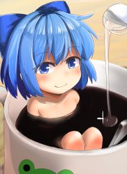 Rule 34 | 1girl, absurdres, blue bow, blue eyes, blue hair, bow, cirno, closed mouth, coffee, coffee mug, collarbone, commentary request, cup, hair bow, highres, looking at viewer, mini person, minigirl, mug, nude, partially submerged, saisoku no yukkuri, short hair, smile, smug, solo, sparkle, touhou