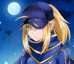 Rule 34 | 1girl, artoria pendragon (fate), baseball cap, blonde hair, blue eyes, blue hat, blue jacket, blue scarf, blue sky, closed mouth, cloud, fate/grand order, fate (series), frown, full moon, hair between eyes, hat, hat over one eye, jacket, long hair, maroonabyss, moon, mysterious heroine x (fate), night, night sky, ponytail, portrait, scarf, sky, solo
