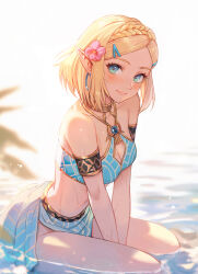 Rule 34 | 1girl, between legs, bikini, blonde hair, blue bikini, blue gemstone, blue sarong, braid, breasts, bs9999s, cleavage cutout, closed mouth, clothing cutout, commentary, crown braid, earrings, flower, gem, gold choker, green eyes, hair flower, hair ornament, hairclip, hand between legs, hibiscus, highres, hoop earrings, jewelry, light blush, looking at viewer, medium breasts, nintendo, outdoors, parted bangs, partially submerged, pointy ears, princess zelda, sarong, short hair, sitting, smile, solo, swimsuit, the legend of zelda, the legend of zelda: tears of the kingdom