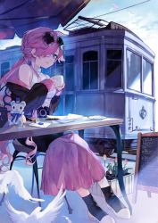 Rule 34 | 1girl, ahoge, bird, black jacket, black socks, blue eyes, breasts, cleavage, cup, dove, eyewear on head, hair over one eye, holding, holding cup, jacket, long hair, looking at viewer, off shoulder, open clothes, open jacket, original, pink hair, pink skirt, ponytail, saku nosuke, shoes, skirt, socks, solo, sunglasses, suzette (sa9no), sweater, train, turtleneck, turtleneck sweater, very long hair, white footwear, white sweater