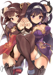 Rule 34 | 2girls, ahoge, azur lane, black legwear, black panties, breasts, brown hair, cameltoe, china dress, chinese clothes, cleavage, cleavage cutout, closed mouth, clothing cutout, cowboy shot, dress, hair rings, highres, large breasts, long hair, looking at viewer, mi mi ham, multiple girls, ning hai (azur lane), panties, pantyshot, parted lips, ping hai (azur lane), purple eyes, purple hair, shoe soles, siblings, simple background, sisters, small breasts, standing, standing on one leg, thighhighs, thighs, twitter username, underwear, v-shaped eyebrows, white background, white panties
