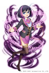 Rule 34 | 1girl, :o, ascot, black footwear, black hair, black jacket, blue eyes, blunt bangs, blush, brown thighhighs, chain, full body, garter belt, glasses, gothic wa mahou otome, high heels, highres, holding, index finger raised, jacket, jenevan, long sleeves, multicolored hair, official art, open clothes, open jacket, open mouth, pencil skirt, purple ascot, purple hair, purple skirt, shirt, short hair, skirt, solo, standing, standing on one leg, stopwatch, streaked hair, thighhighs, watch, watermark, white background, white shirt, wing collar