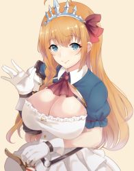 Rule 34 | 1girl, blue eyes, blush, braid, braided bangs, breasts, cleavage, cleavage cutout, clothing cutout, collar, crown, frills, gloves, hair between eyes, half gloves, hand up, highres, large breasts, light blush, long hair, looking at viewer, neckerchief, orange hair, pecorine (princess connect!), princess connect!, red neckerchief, ryuu., short sleeves, side braid, sidelocks, simple background, single braid, smile, solo, split mouth, upper body, waving, white collar, white gloves, yellow background