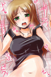 Rule 34 | 1girl, belly, blush, brown hair, clothes lift, green eyes, heart, heavy breathing, highres, long hair, lying, navel, nishi koutarou, on back, open mouth, original, out-of-frame censoring, shirt lift, solo, tank top, tears, upper body