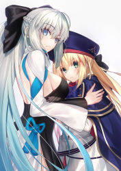 Rule 34 | 2girls, artoria caster (fate), artoria caster (second ascension) (fate), artoria pendragon (fate), beret, black bow, black dress, black gloves, blonde hair, blue cape, blue eyes, blue headwear, blush, bow, braid, breasts, buttons, cape, double-breasted, dress, duplicate, fate/grand order, fate (series), french braid, gloves, green eyes, grey hair, hair bow, hat, highres, hood, hooded cape, large breasts, long hair, long sleeves, looking at viewer, morgan le fay (fate), multicolored cape, multicolored clothes, multiple girls, neko daruma, pixel-perfect duplicate, ponytail, red cape, sidelocks, small breasts, twintails, two-tone dress, very long hair, white dress, wide sleeves