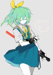 Rule 34 | 1girl, 90 sik, black gloves, blue dress, bow, bowtie, closed eyes, closed mouth, collared shirt, colored skin, commentary, cookie (touhou), cowboy shot, daiyousei, diyusi (cookie), dress, expressionless, fingerless gloves, fingernails, flat chest, gloves, green hair, green nails, grey background, hair between eyes, hair bow, hide (acceed), high-visibility vest, high ponytail, highres, holding, long bangs, manatsu no yo no inmu, medium hair, pinafore dress, reverse grip, shirt, simple background, sleeveless, sleeveless dress, solo, symbol-only commentary, touhou, traffic baton, white shirt, white skin, yellow bow, yellow bowtie